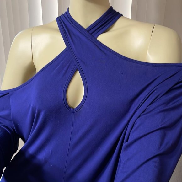 Women 2X SEXY Cold Shoulder Cross Front Blouse- Navy Blue GORGEOUS Style! - Picture 3 of 3